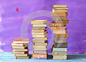 Stacks of multicolored books. Reading, education, literature, learning, relaxing, book fair