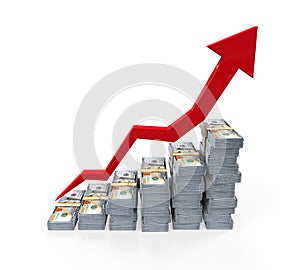 Stacks of New 100 US Dollar Banknotes Rising Graph