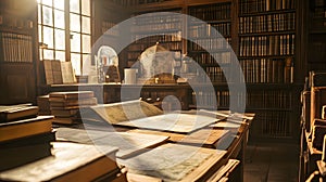 Stacks of old books in a library.