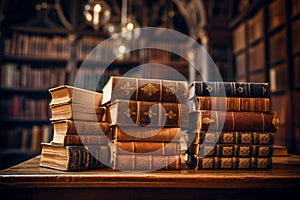 Stacks of old books on wooden table against bookshelf in library. Generative AI