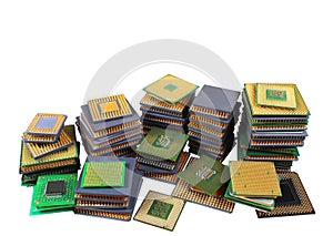 Stacks of old CPU chips and obsolete computer processors isolated on white background