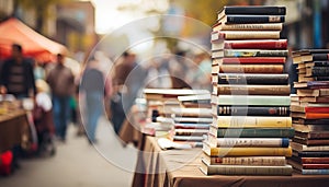 Stacks of Old hard-cover used books multicolor rows on the street book Flea market with visitors on background. Educational,