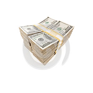 Stacks of One Hundred Dollar Bills Isolated on a White Background
