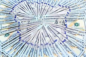 Stacks of One Hundred Dollars notes fans in circle pattern, New Design of 100 USD Banknotes Background