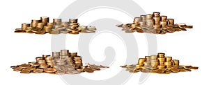 Stacks and piles of coins on white background photo