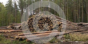 Stacks of pine logs against pine forest