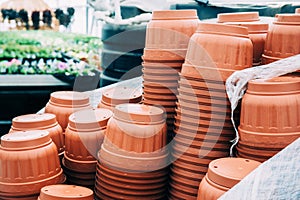 Stacks of plastic pots for growing in modern hydroponic greenhouse interior