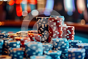 stacks of poker chips on a gaming table in casino, close up shot of piled up gambling chips, casino banner concept with