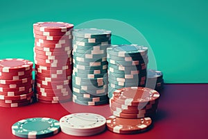 Stacks of poker chips on red and green background. Casino concept, casino chips on isolated pastel background, AI Generated