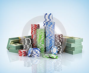 Stacks of poker chips with stack of dollars.