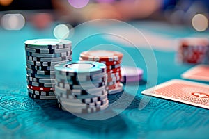 Stacks of Poker Chips on a Vibrant Casino Table with Playing Cards in Soft Focus Background