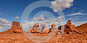 Stacks of prayer rocks or cairns lined up