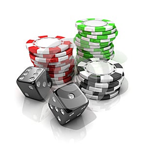 Stacks of red, green, black gambling chips and black dices