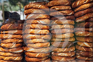 Stacks of simit bread in Istanbul, Turkey