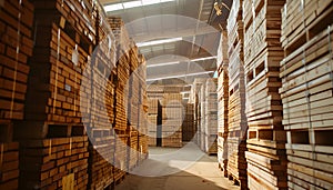 Stacks of timber planks in a warehouse, representing timber building supplies