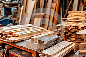 Stacks of various wooden planks in a workshop