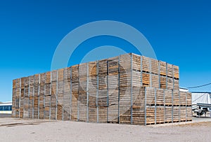 Stacks of wood bins for storing pistachio nuts in New Mexico