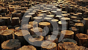 Stacks of wood logs create a pattern in the lumberyard