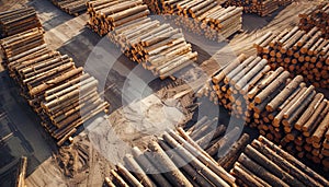 Stacks of wood logs create a pattern in the lumberyard