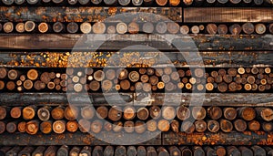 Stacks of wood logs create a pattern in the lumberyard