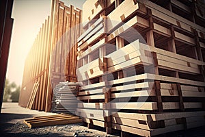 stacks of wooden planks for construction scaffolding near building