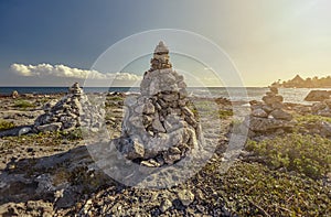 Stacks of zen rocks in Puerto Aventuras`s Coast 2