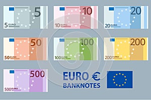 Stacksof Banknotes in denominations of 5,10, 20, 50 , 100, 200 and 500 euros on a white background. European Union paper