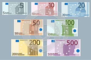 Stacksof Banknotes in denominations of 5,10, 20, 50 , 100, 200 and 500 euros on a white background. European Union paper photo