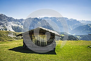 A Stadel, or grain storage barn, high in the alpine region of the Italian Dolomites