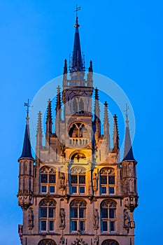 Stadhuis van Gouda, is old City Hall of Gouda in the Netherlands during nighttime