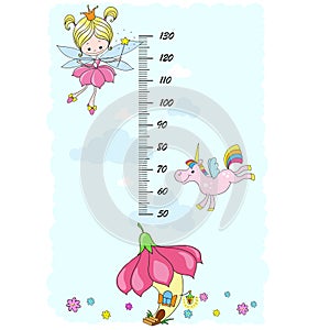 Stadiometer for children. Fairy tale characters. Fairy, unicorn, clouds on a blue background. Vector illustration. photo