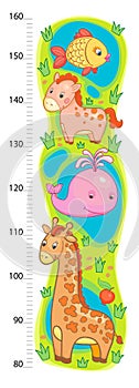 Stadiometer wall or height meter from 80 to 160 centimeter with giraffe and whale, horse, fish, sea, lake