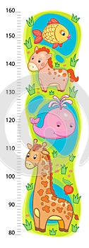 Stadiometer wall or height meter from 80 to 160 centimeter with giraffe and whale, horse, fish, sea, lake photo