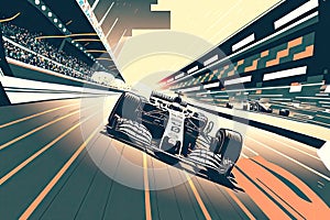 stadium with challenging race track and car taking part in formula one racing, generative ai