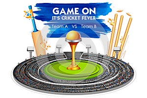 Stadium of Cricket with Bat, wicket and Trophy photo
