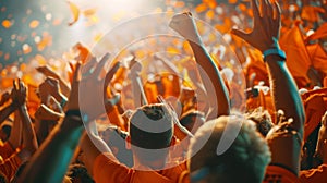 The stadium erupts in a sea of orange as fans jump to their feet to celebrate a winning goal