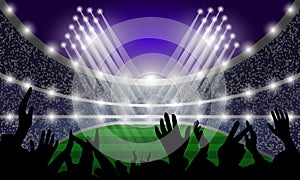 Stadium events, spotlights and fans. Mockup for banners. Vector illustration.