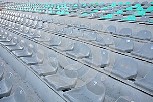 STADIUM - Football field with goal and tablo on blue sky