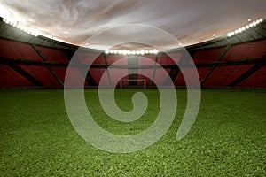 Stadium football with green grass and empty tribune