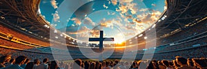 Stadium full of people attending a religious event with a big cross