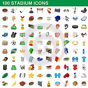 100 stadium icons set, cartoon style