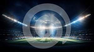 Stadium lights against dark night sky background. Soccer match lights. AI