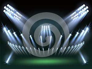 Stadium lights background. Directional sources, football field searchlights, cold rays, sport arena lighting design