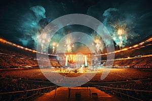 Stadium lights and fireworks with crowd of people at night in the background, A live event, such as a concert or halftime show,