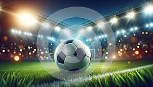 Stadium Lights Illuminating Soccer Ball on Field at Night, AI Generated
