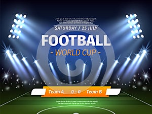 Stadium lights poster. Football match invitation banner, sport background with spotlights, green field with projector