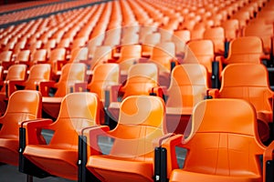 Stadium solitude Rows of empty orange seats in soccer arena photo