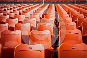 Stadium solitude Rows of empty orange seats in soccer arena photo