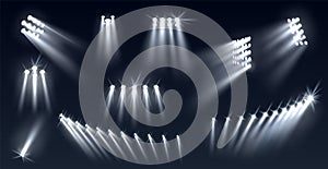 Stadium spotlights. Football field directional light sources, realistic searchlights. Illuminated studio and arena stage