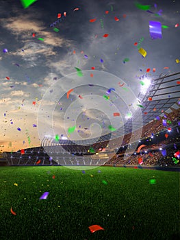 Stadium sunset Confetti and tinsel with people fans. 3d render illustration cloudy